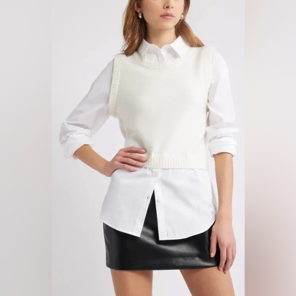 Open Edit Layered Sweater Vest Shirt Combo Ivory White Size Small NWT